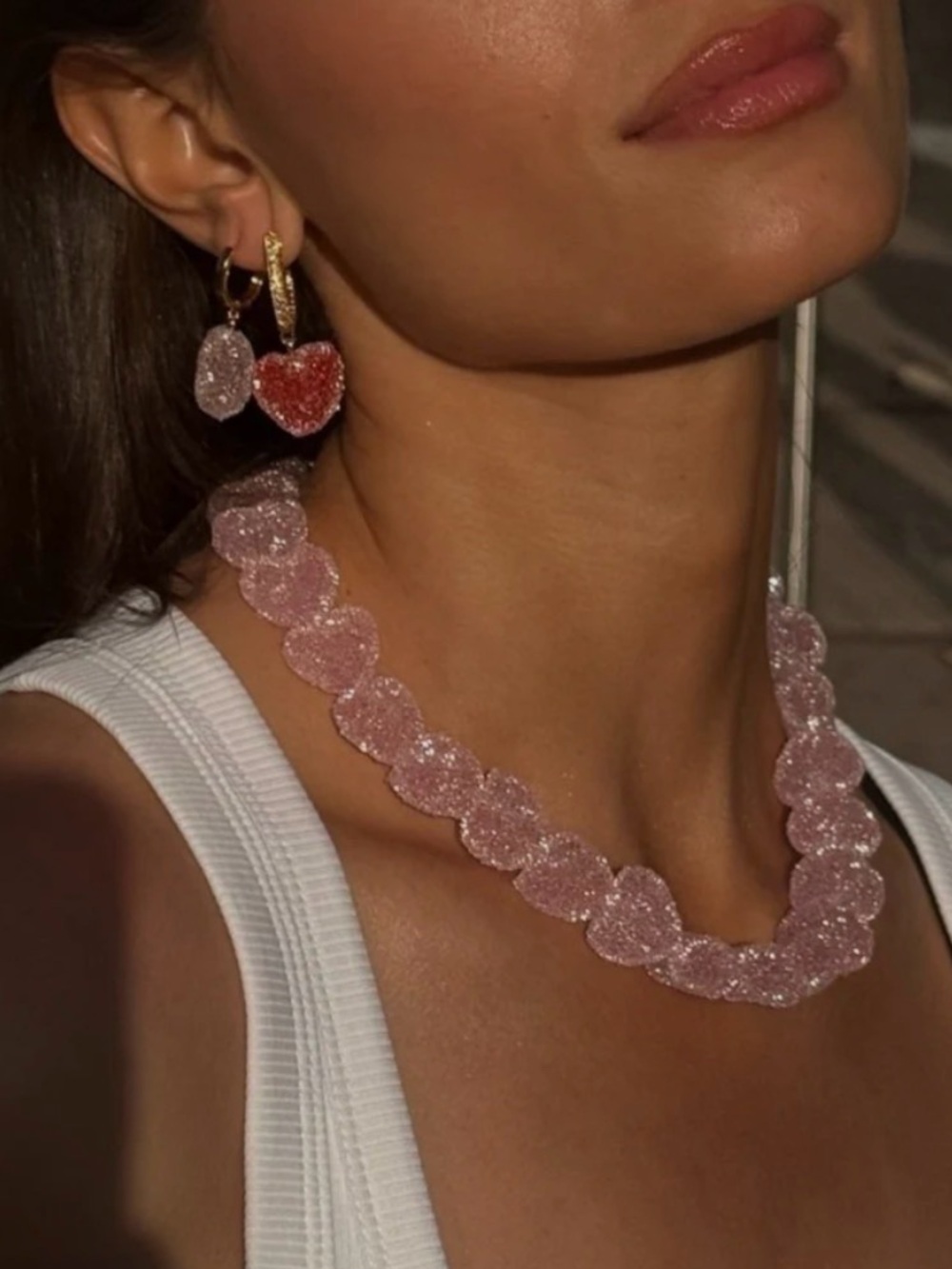 Sparkling Pink Heart-Link Necklace - Feminine Beaded Statement